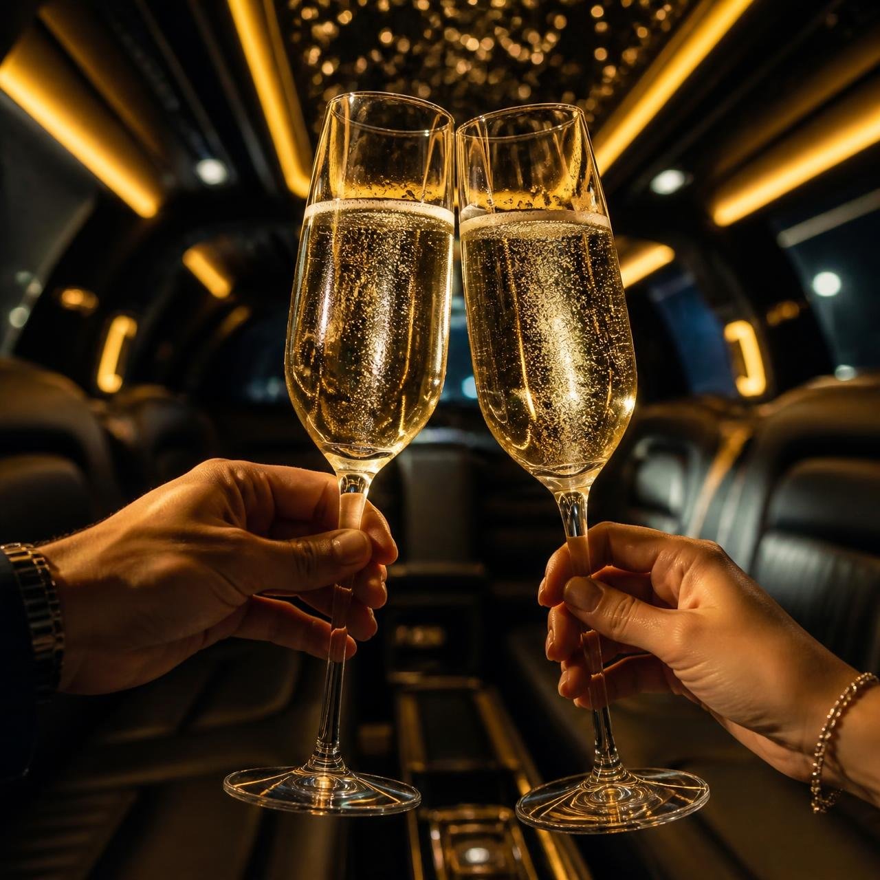 Champagne toast inside a limousine