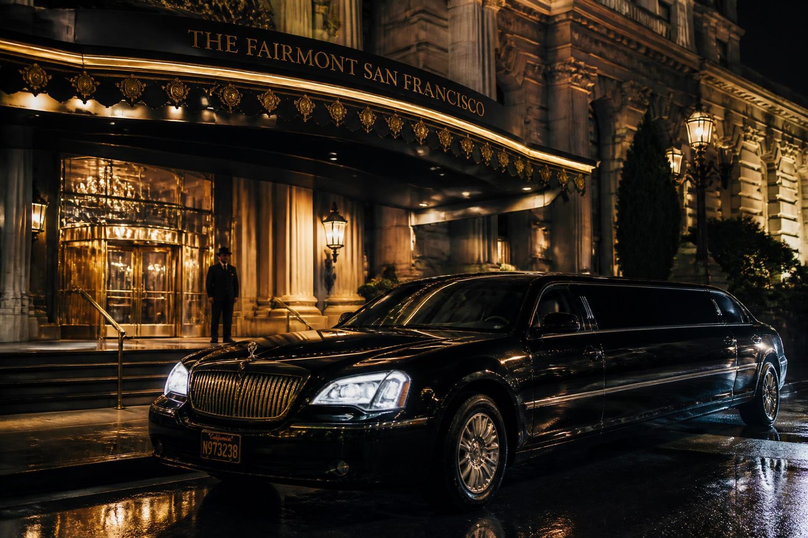 Black stretch limousine near the Golden Gate Bridge at night